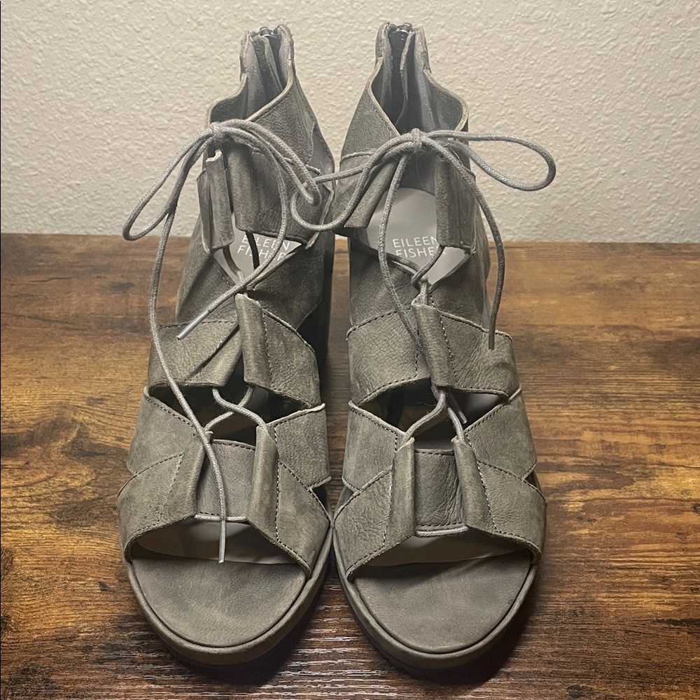 Eileen Fisher Dibs Grey Suede Leather Lace Up Wedge Sandal